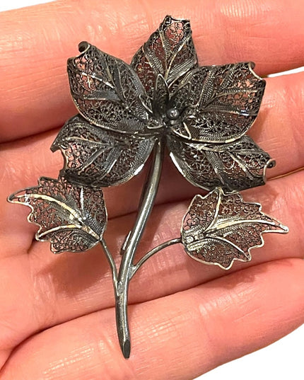 Antique Art Deco Victorian 800 Silver Filagree delicate intricate flower brooch