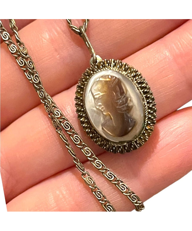 Vintage 1960s Shell cameo Silver finish necklace ornate wirework