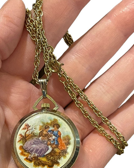 Vintage Cameo Burgana Fragonard Cameo Necklace watch Gold tone chain