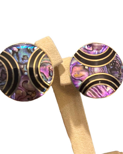Vintage Purple Abalone inlay Alpaca round earrings pierced mexico black onyx