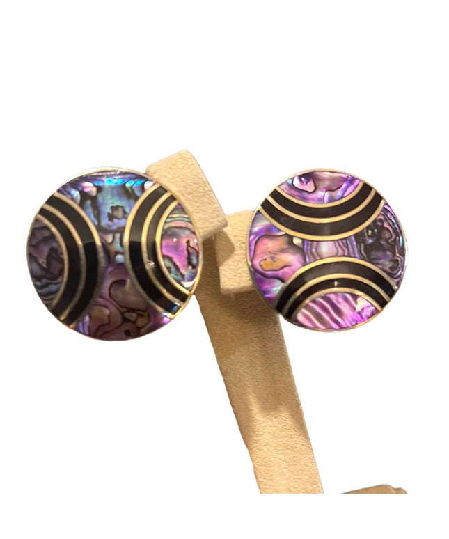 Vintage Purple Abalone inlay Alpaca round earrings pierced mexico black onyx