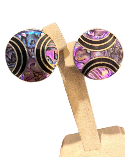 Vintage Purple Abalone inlay Alpaca round earrings pierced mexico black onyx