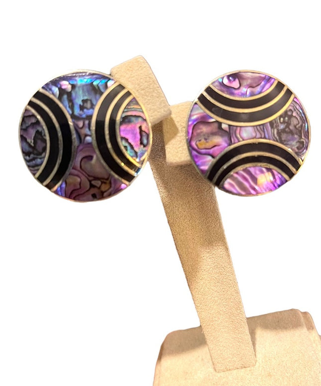 Vintage Purple Abalone inlay Alpaca round earrings pierced mexico black onyx