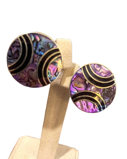 Vintage Purple Abalone inlay Alpaca round earrings pierced mexico black onyx