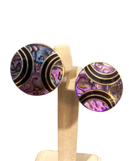 Vintage Purple Abalone inlay Alpaca round earrings pierced mexico black onyx