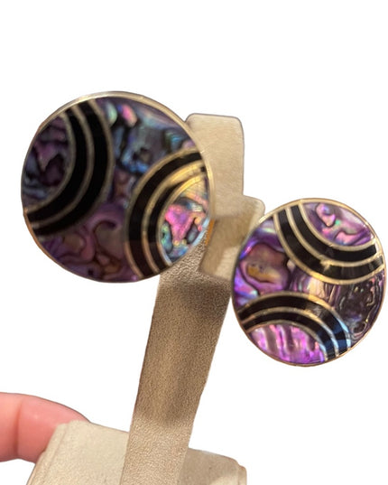 Vintage Purple Abalone inlay Alpaca round earrings pierced mexico black onyx