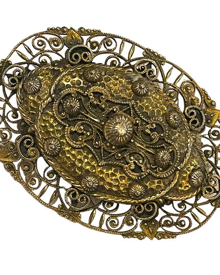 Antique Victorian Sash pin ornate crafted filagree flower brooch gold filled