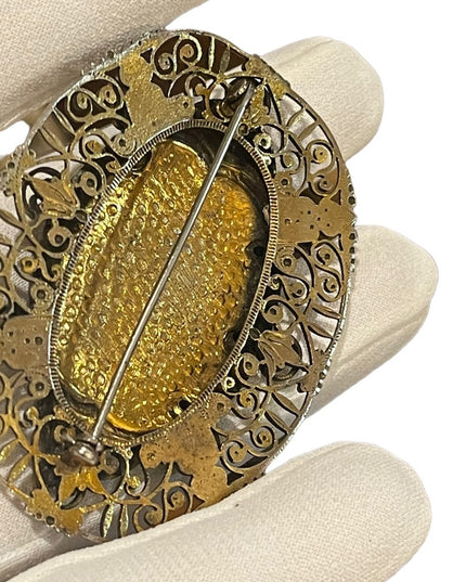 Antique Victorian Sash pin ornate crafted filagree flower brooch gold filled