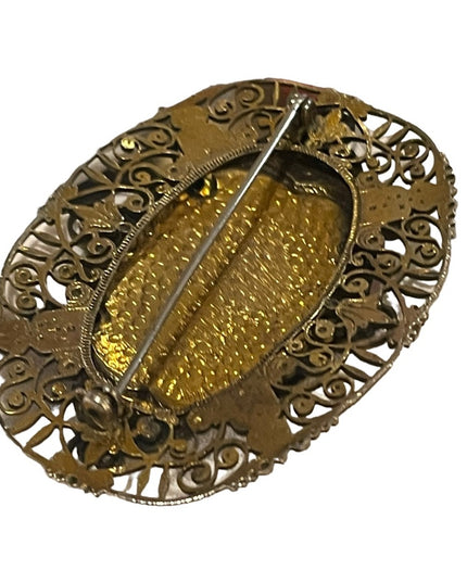 Antique Victorian Sash pin ornate crafted filagree flower brooch gold filled