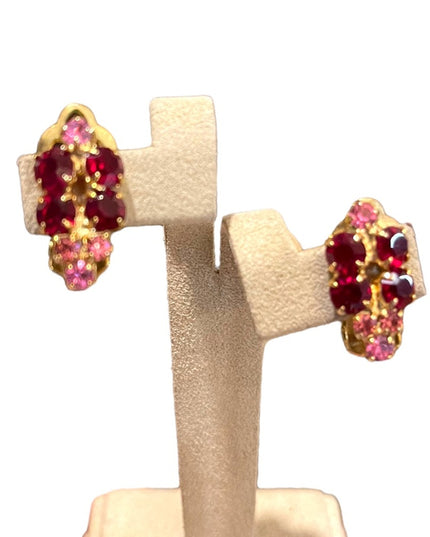 Vintage gold finish Pink & Red rhinestone crystal clip on earrings