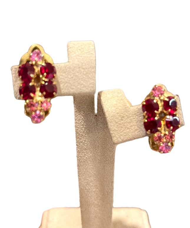 Vintage gold finish Pink & Red rhinestone crystal clip on earrings