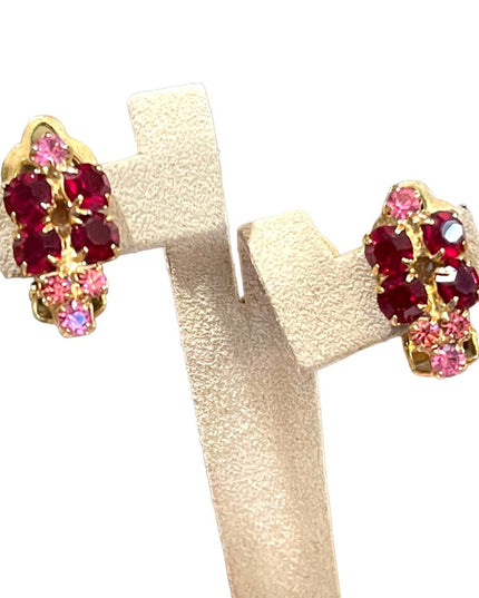 Vintage gold finish Pink & Red rhinestone crystal clip on earrings