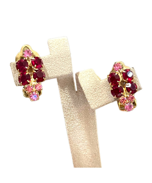 Vintage gold finish Pink & Red rhinestone crystal clip on earrings