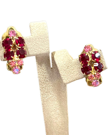 Vintage gold finish Pink & Red rhinestone crystal clip on earrings