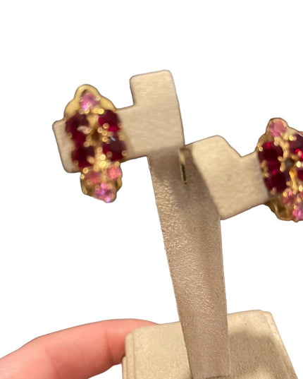 Vintage gold finish Pink & Red rhinestone crystal clip on earrings