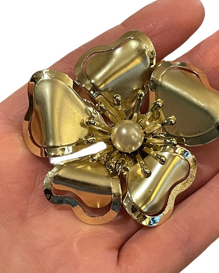 Vintage fancy gold finish pearl large metal flower brooch 1960s