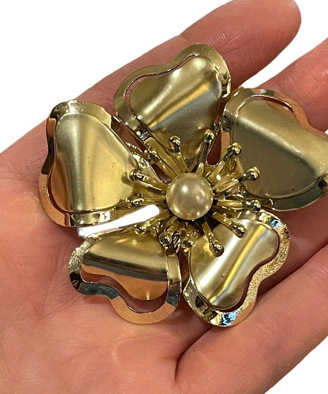 Vintage fancy gold finish pearl large metal flower brooch 1960s