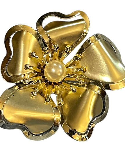 Vintage fancy gold finish pearl large metal flower brooch 1960s