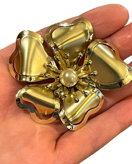 Vintage fancy gold finish pearl large metal flower brooch 1960s