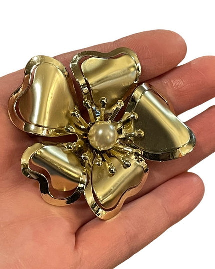 Vintage fancy gold finish pearl large metal flower brooch 1960s