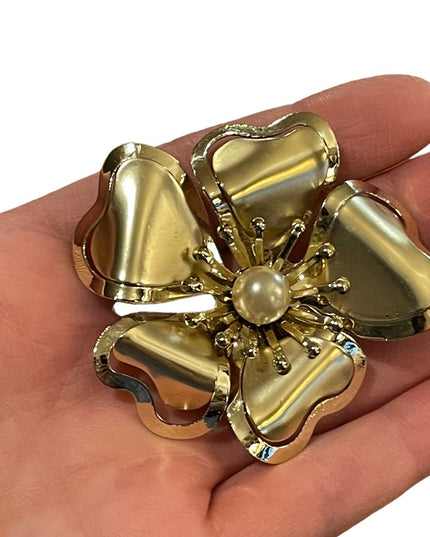 Vintage fancy gold finish pearl large metal flower brooch 1960s