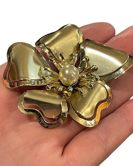 Vintage fancy gold finish pearl large metal flower brooch 1960s