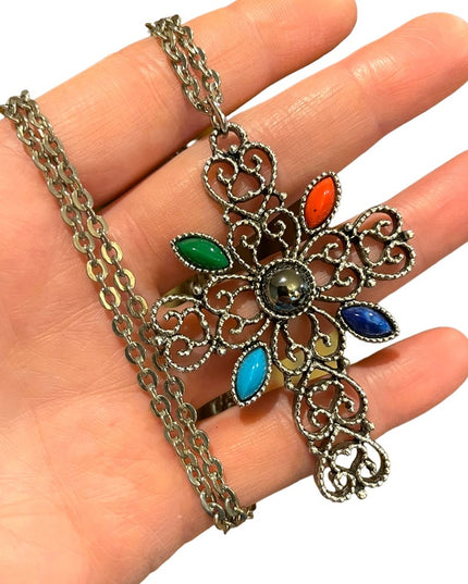 Vintage 1970s Avone silver finish faux stone ornate filagree cross necklace