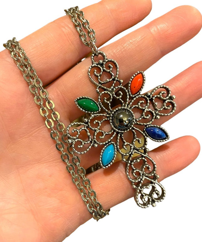 Vintage 1970s Avone silver finish faux stone ornate filagree cross necklace