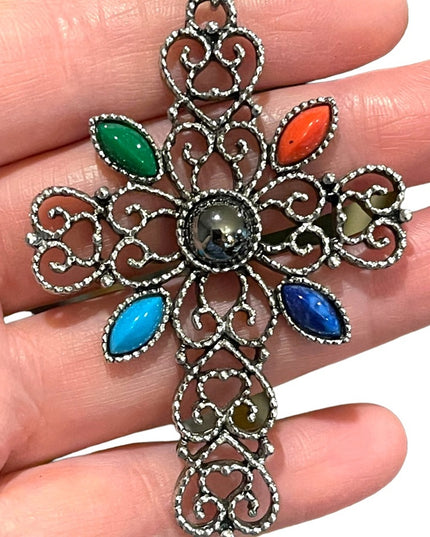 Vintage 1970s Avone silver finish faux stone ornate filagree cross necklace