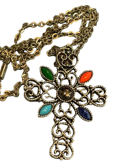 Vintage 1970s Avone silver finish faux stone ornate filagree cross necklace