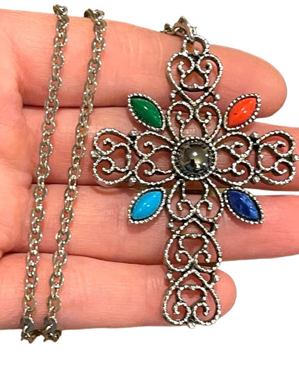 Vintage 1970s Avone silver finish faux stone ornate filagree cross necklace