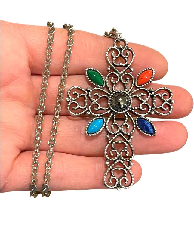 Vintage 1970s Avone silver finish faux stone ornate filagree cross necklace