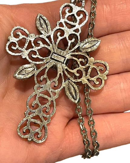 Vintage 1970s Avone silver finish faux stone ornate filagree cross necklace