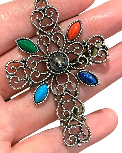 Vintage 1970s Avone silver finish faux stone ornate filagree cross necklace