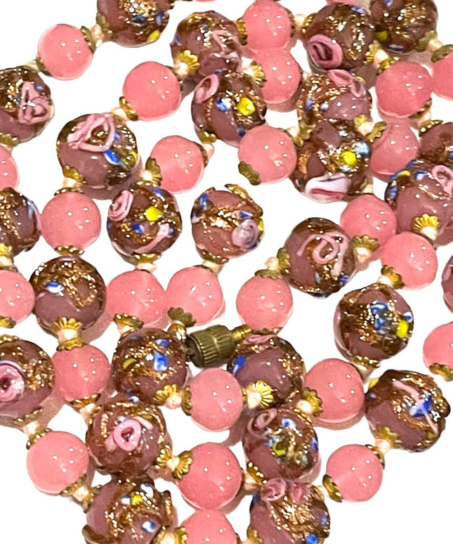 Vintage Italian Venetian Wedding Cake Jumbo Bead Necklace 26” spun glass Italy