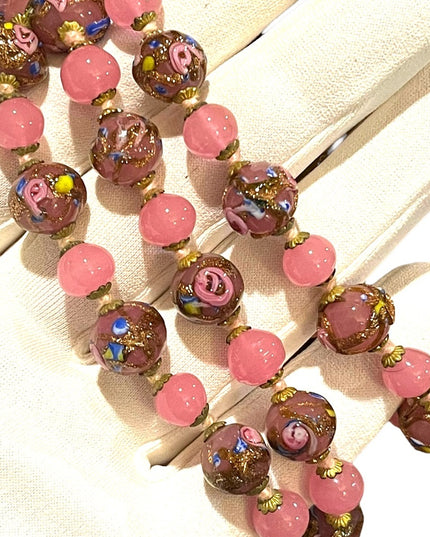 Vintage Italian Venetian Wedding Cake Jumbo Bead Necklace 26” spun glass Italy