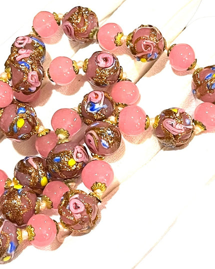 Vintage Italian Venetian Wedding Cake Jumbo Bead Necklace 26” spun glass Italy