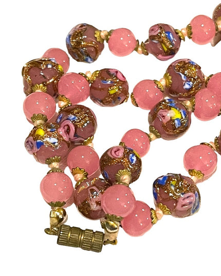 Vintage Italian Venetian Wedding Cake Jumbo Bead Necklace 26” spun glass Italy