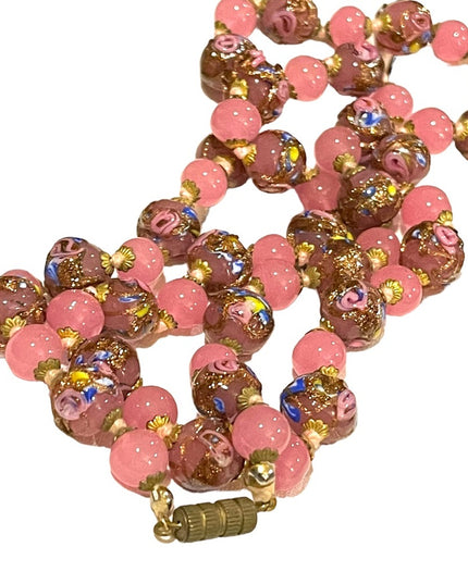 Vintage Italian Venetian Wedding Cake Jumbo Bead Necklace 26” spun glass Italy