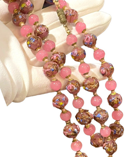 Vintage Italian Venetian Wedding Cake Jumbo Bead Necklace 26” spun glass Italy