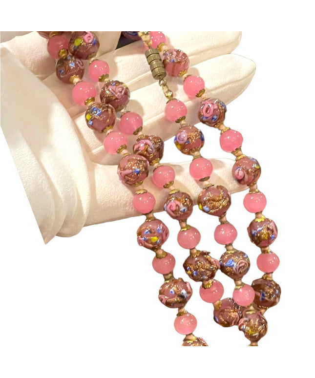 Vintage Italian Venetian Wedding Cake Jumbo Bead Necklace 26” spun glass Italy