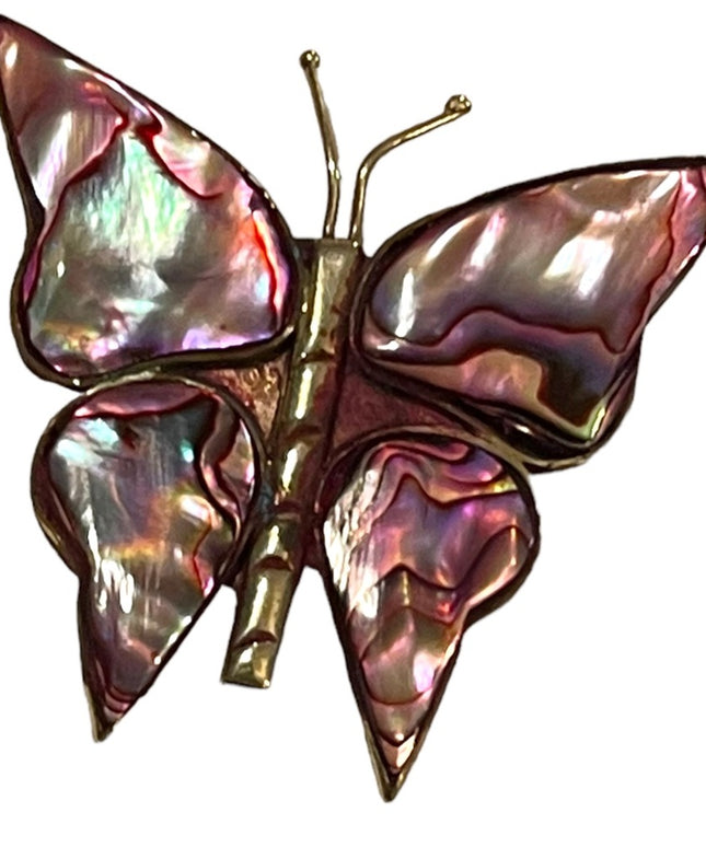 Vintage Alpaca Mexico Purple Abalone silver large butterfly brooch