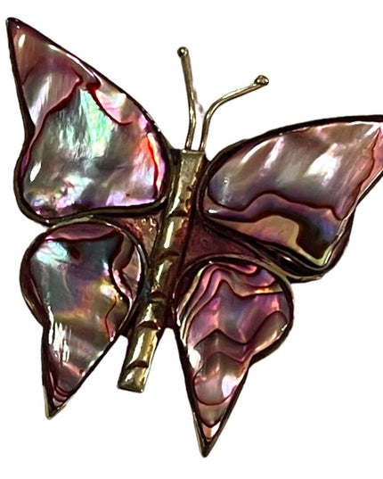 Vintage Alpaca Mexico Purple Abalone silver large butterfly brooch