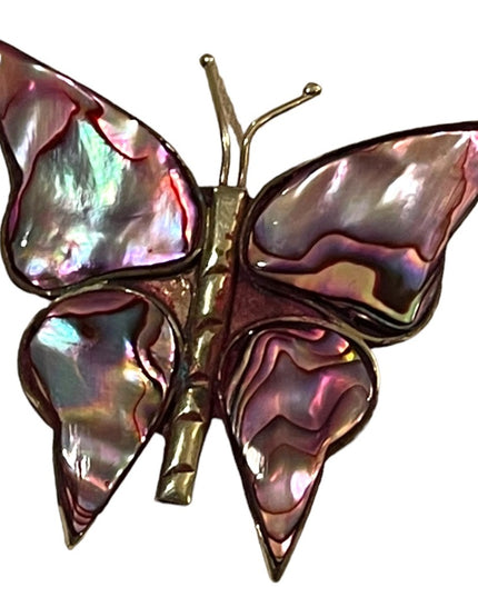 Vintage Alpaca Mexico Purple Abalone silver large butterfly brooch