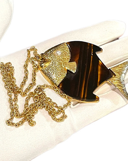Vintage Large tortoise Lucite Gold finish Fish necklace 1970s