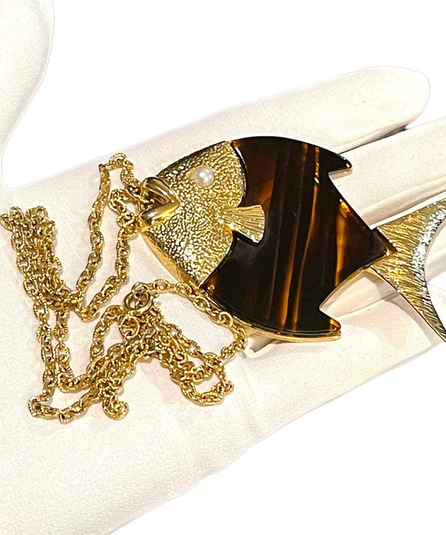 Vintage Large tortoise Lucite Gold finish Fish necklace 1970s