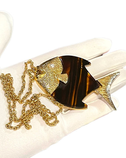 Vintage Large tortoise Lucite Gold finish Fish necklace 1970s