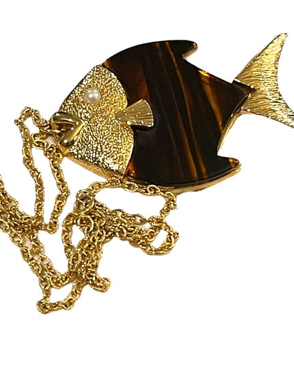 Vintage Large tortoise Lucite Gold finish Fish necklace 1970s