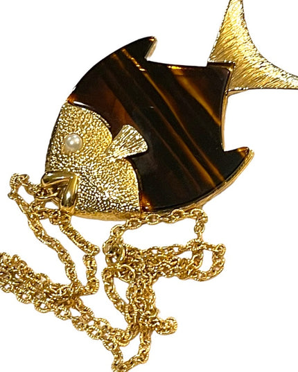 Vintage Large tortoise Lucite Gold finish Fish necklace 1970s