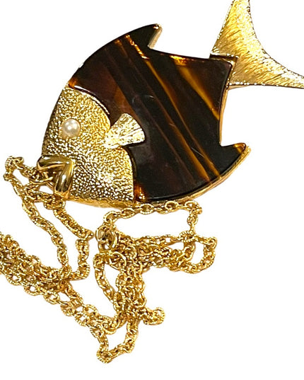 Vintage Large tortoise Lucite Gold finish Fish necklace 1970s